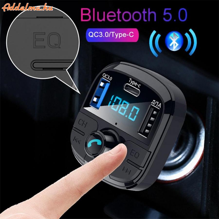 FM Transzmitter Bluetooth V5.0 QC3 Dual USB Type-c autós töltő Mp3