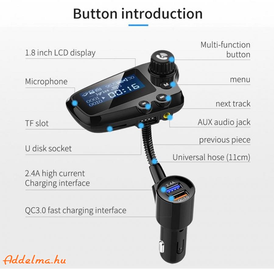 Dual USB FM Transzmitter QC3.0 Bluetooth 5.0 FM autós töltő 