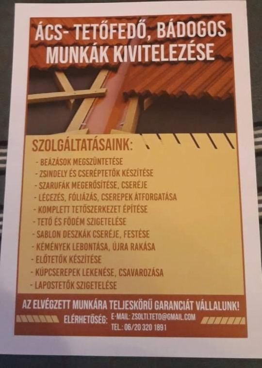 Ács, tetőfedés, bádogozási munkállatok.