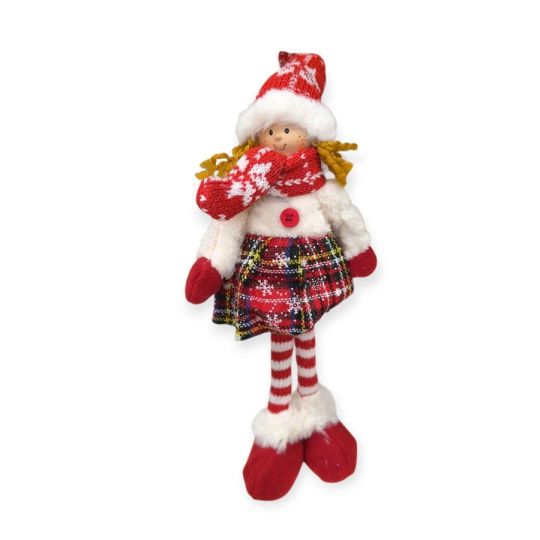 Angyal karácsonyi dekoráció piros kockás ruhában – 35 cm