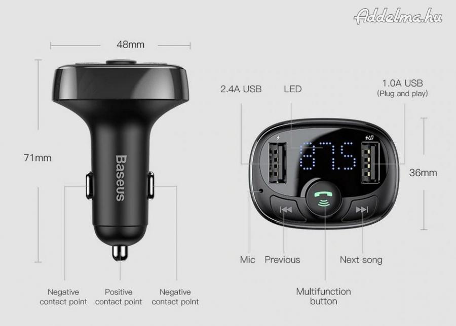 Baseus FM Transzmitter Dual USB Bluetooth 4.2 autós töltő