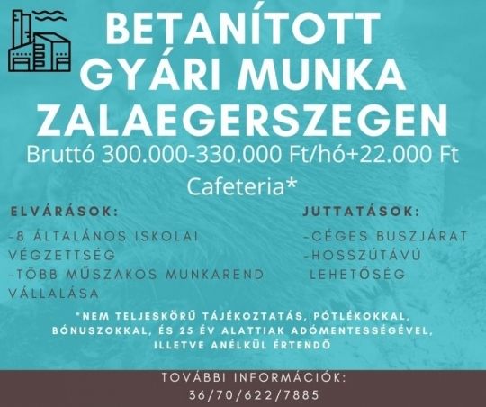 Betanított gyári munkás lehetőség Zalaegerszegen!