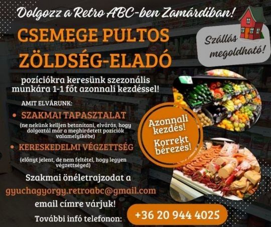 Csemege Pultos és Zöldség-eladó állás Zamárdiban!