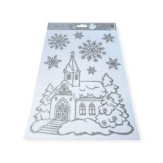 Csillogó ezüst hópelyhes karácsonyi ablakmatrica templom