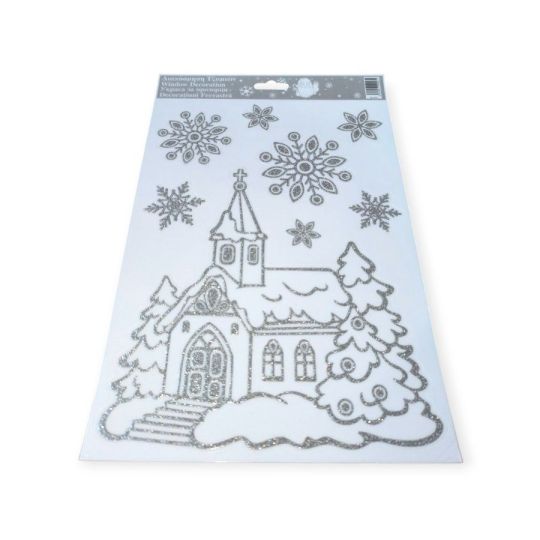 Csillogó ezüst hópelyhes karácsonyi ablakmatrica templom