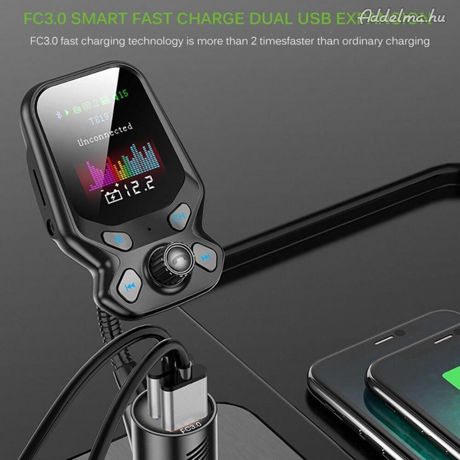 T819 Dual USB Bluetooth 5.0 Fast Charging 3.0 FM Transzmitter töltő 