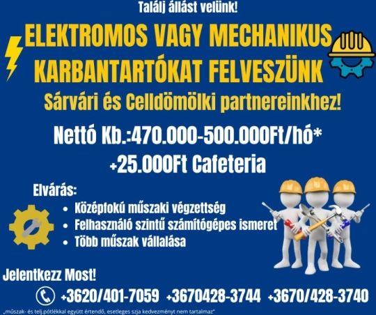 Elektromos és Mechanikus Karbantartói álláslehetőség