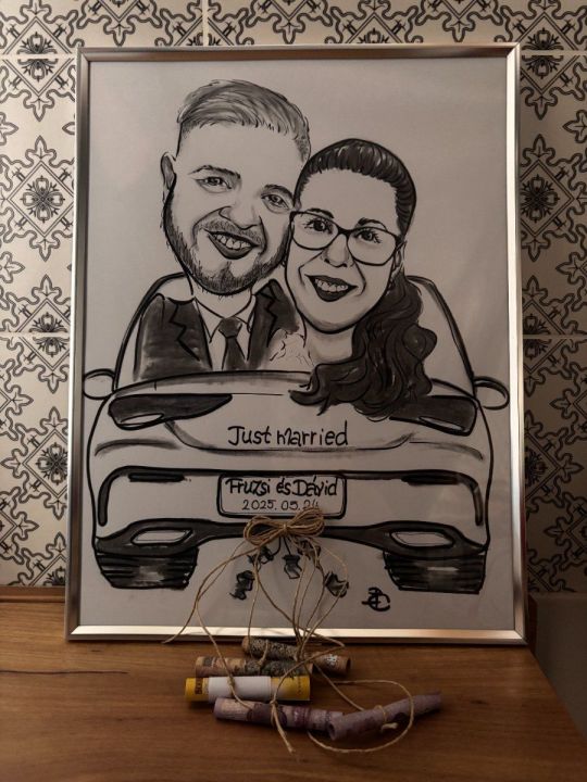 Esküvői pénzátadó maradandó ajándék, autós karikatúra