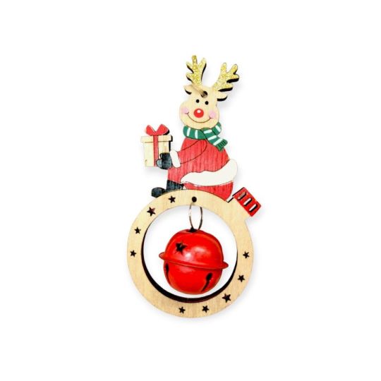 Fa karácsonyfadísz földgömb szarvassal és haranggal (11 cm)