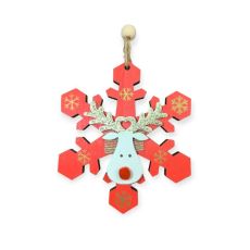 Fa karácsonyfadísz piros pehely fehér szarvassal (10 cm)