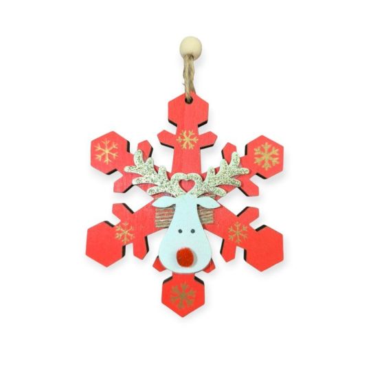 Fa karácsonyfadísz piros pehely fehér szarvassal (10 cm)