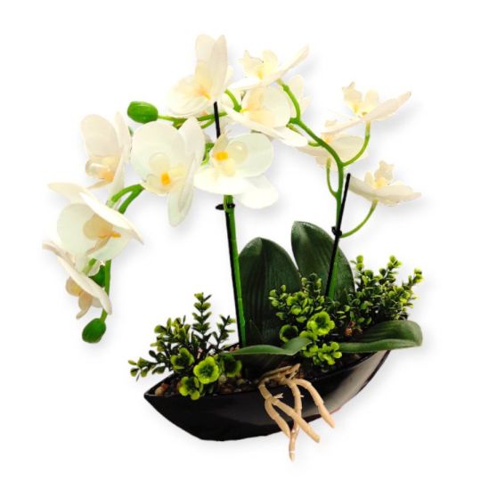 Fehér orchidea művirág fekete csónak kaspóban – 27×9×30 cm