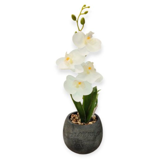 Fehér orchidea művirág szürke kerámia kaspóban – 10×30 cm