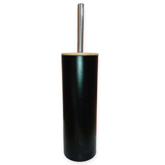 Fekete fém WC-kefe bambusz fedéllel – ezüst nyéllel, 9,5×39 cm