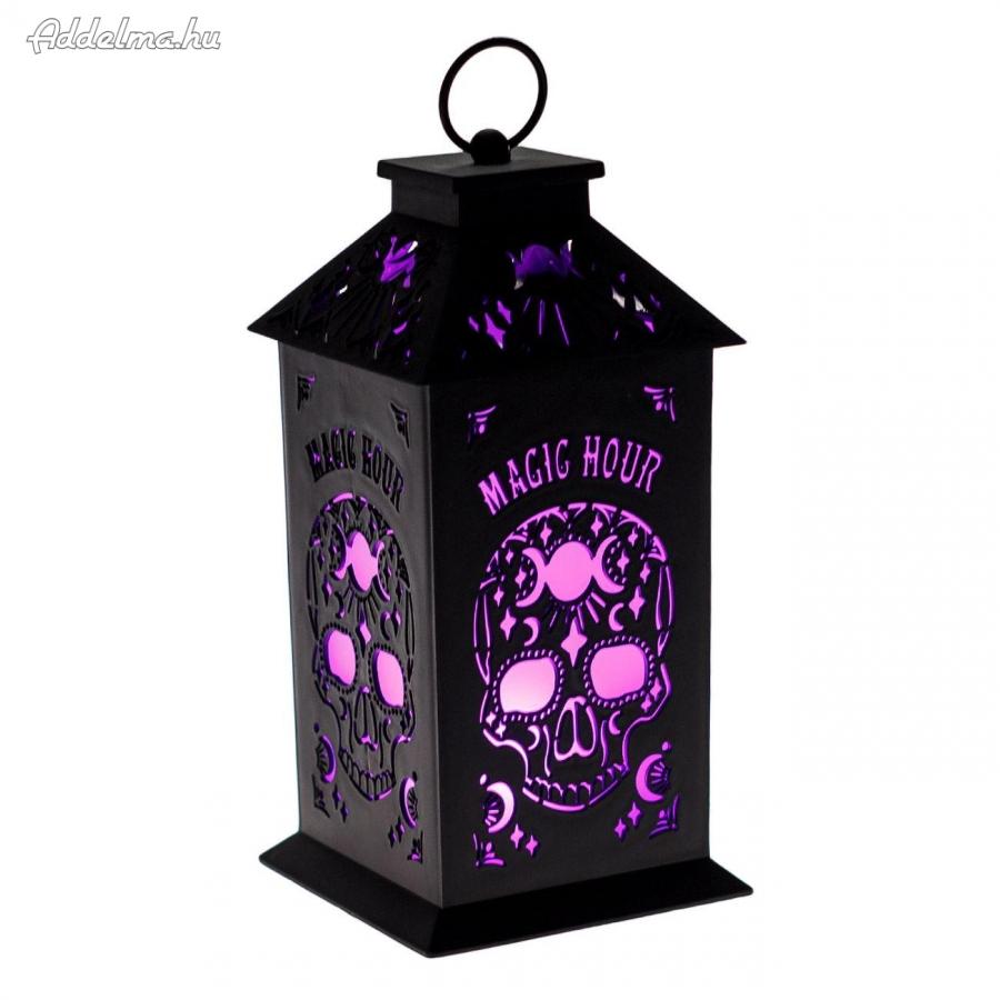Halloween dekoratív lámpás fekete koponya LED 14x14x28cm