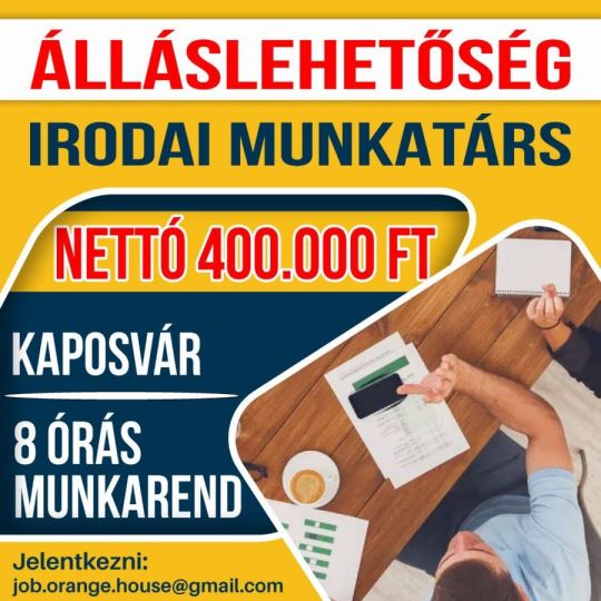 Irodai alkalmazott munkalehetőség - Kaposvár (nettó 400 ezer/hó)