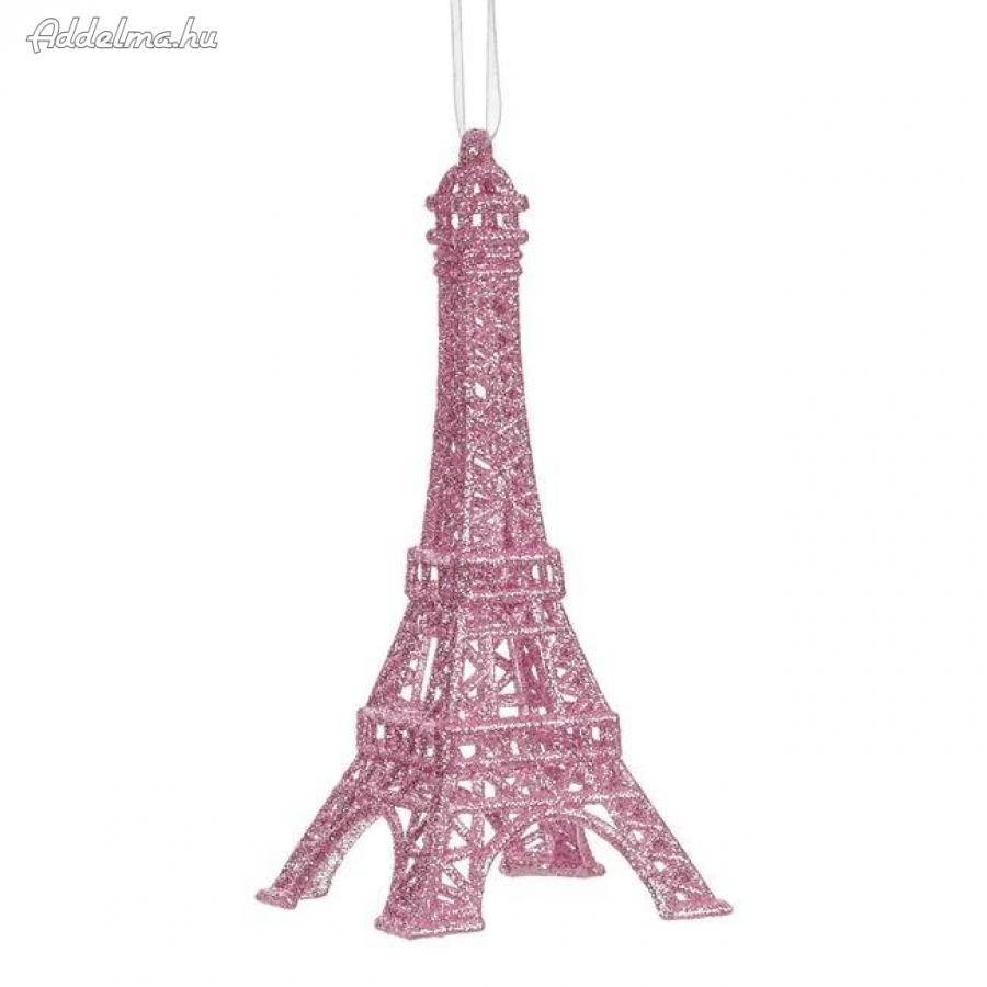 Karácsonyfa dísz Eiffel-torony rózsaszín csillogással 6.7x15cm