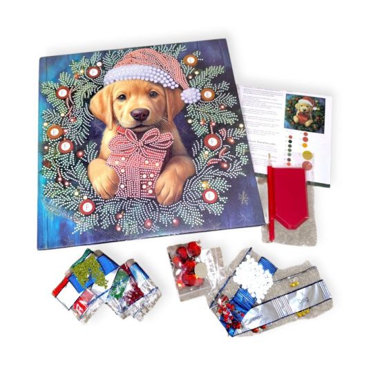 Karácsonyi gyémánt kirakó kutya mintával – 30x30 cm
