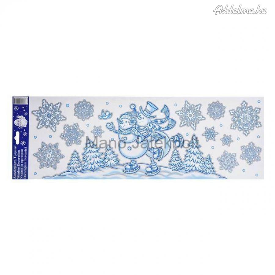 Kék karácsonyi ablakmatrica Hóember, hópehely csillogás 60x20cm