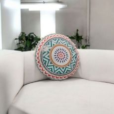 Kerek fehér párna színes mintával és pomponnal 45cm