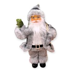 Mikulás dekoratív figura fehér-szürke szőrmével 30 cm