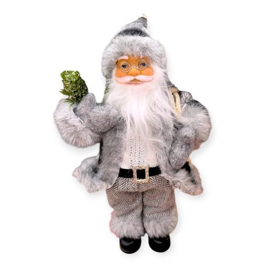 Mikulás dekoratív figura fehér-szürke szőrmével 30 cm