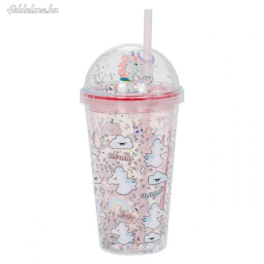 Műanyag konfettis Unikornis pohár szívószállal 475 ml