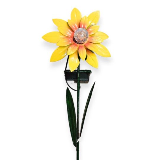 Napelemes kerti lámpa sárga virágmintás fém bottal – 46 cm
