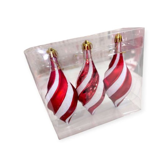 Piros-fehér csíkos csavart karácsonyfadísz szett 14cm – 3db