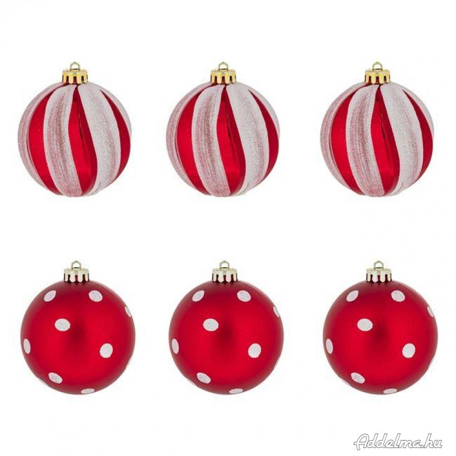 Piros pöttyös/csíkos karácsonyfa gömb dísz 8 cm - 6 db