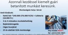 Sárvárra Kiemelt betanított gyári munkásokat keresek!