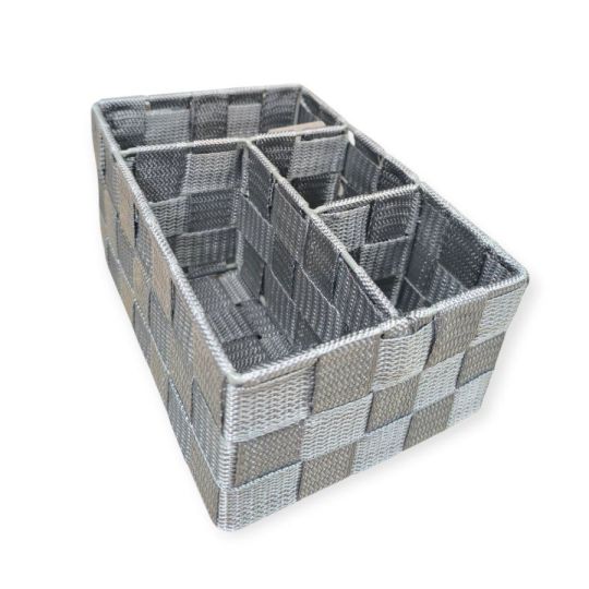 Szürke rattan mintás tárolókosár fémkerettel – 4 rekeszes