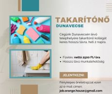 Takarítónő álláslehetőség Dunavecsén! (nettó 2500 Ft/óra)