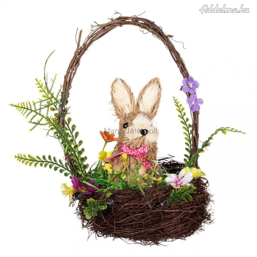 Természetes rost nyuszi kosárban- Húsvéti dekoráció 33 cm