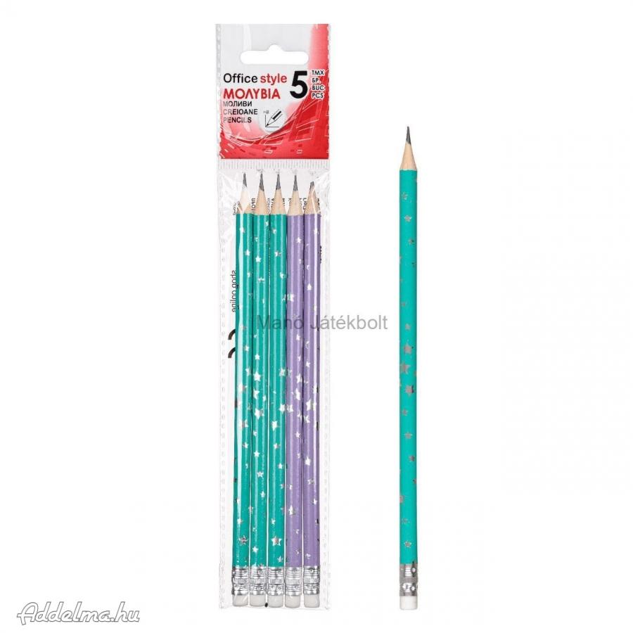 UK ceruzák radírral, lila, Veraman ezüst fólia csillagok - 5 db