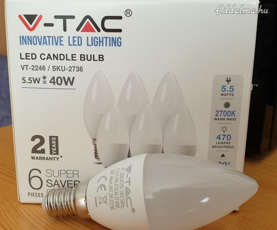 V-TAC LED izzó égő E14 gyertya foglalat 5,5W = 40W meleg fehér