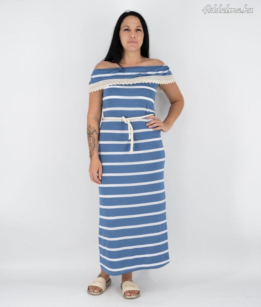 Vállra húzható, hosszú, kék-fehér csíkos női ruha