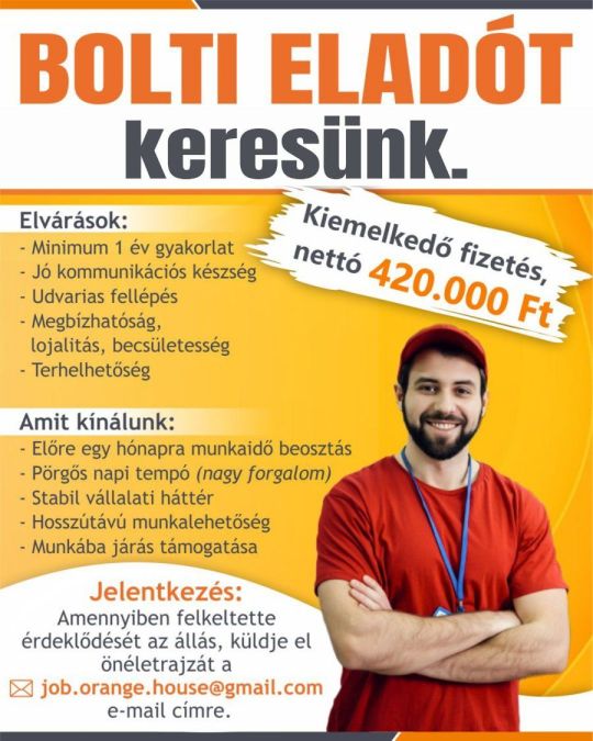 Bolti eladó álláslehetőség - Nyíregyháza