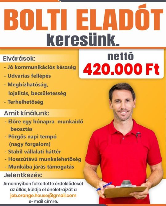 Bolti eladó álláslehetőség - Nyíregyháza
